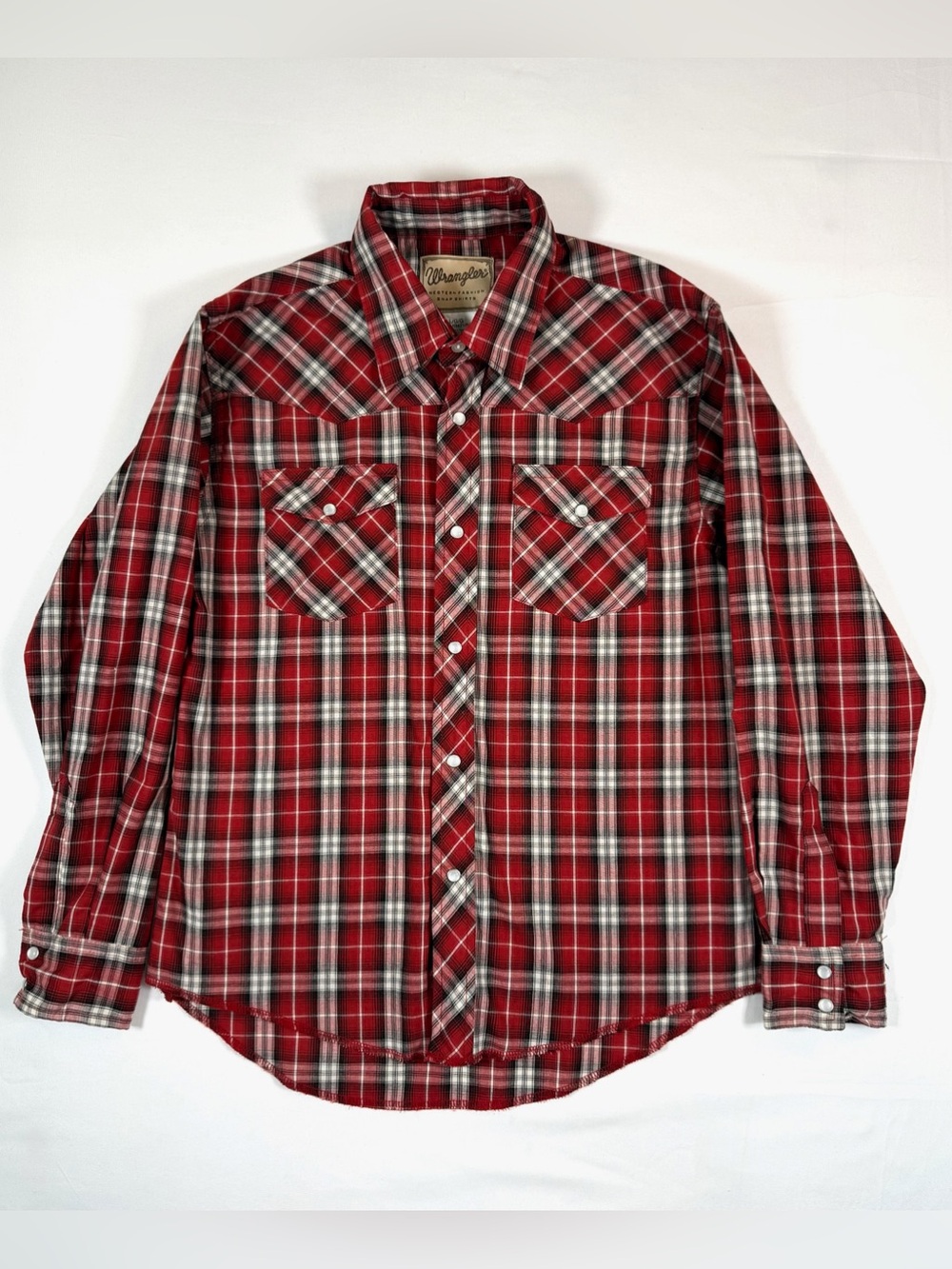 WRANGLER Boys Large Western Snap Shirt Plaid Red Pearl Snap Cowboy Ranch